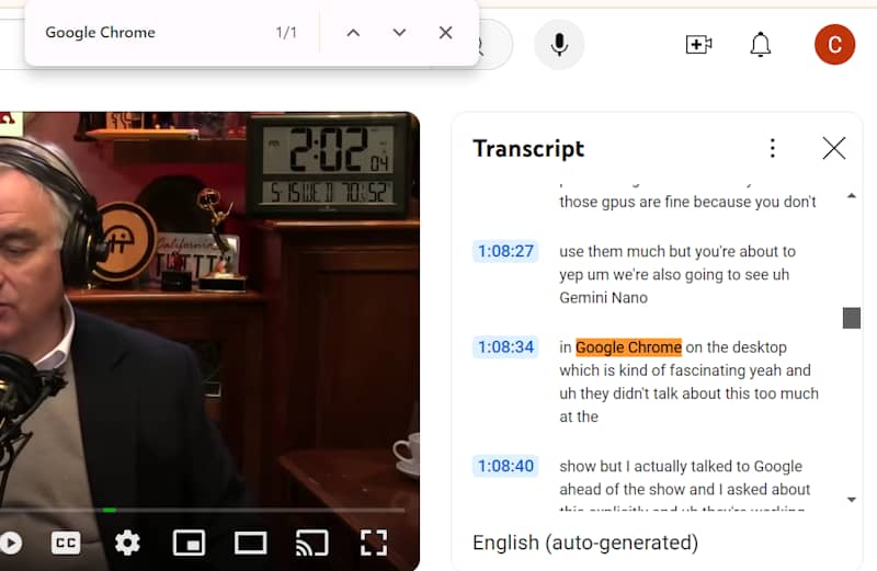 Используйте Ctrl+F для поиска записи с YouTube в Chrome.