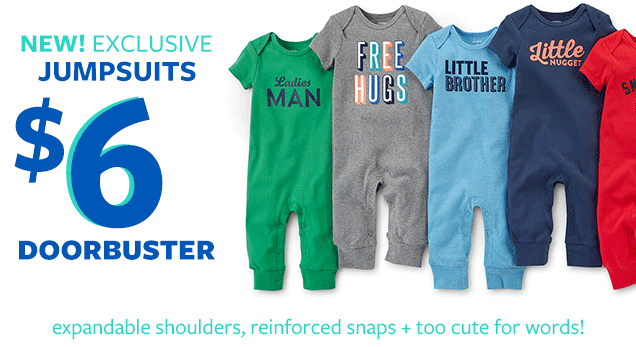 New! Exclusive jumpsuits $6 doorbuster | Expandable shoulders, reinforced snaps + too cute for words!