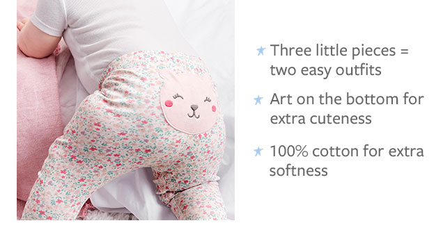 *Three little pieces = two easy outfits | *Art on the bottom for extra cuteness | *100% cotton for extra softness
