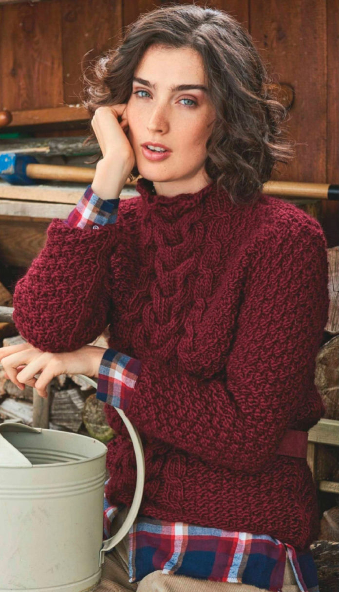 Бордовый свитер спицами с косой схема вязания с подробным описанием для женщин спицами
